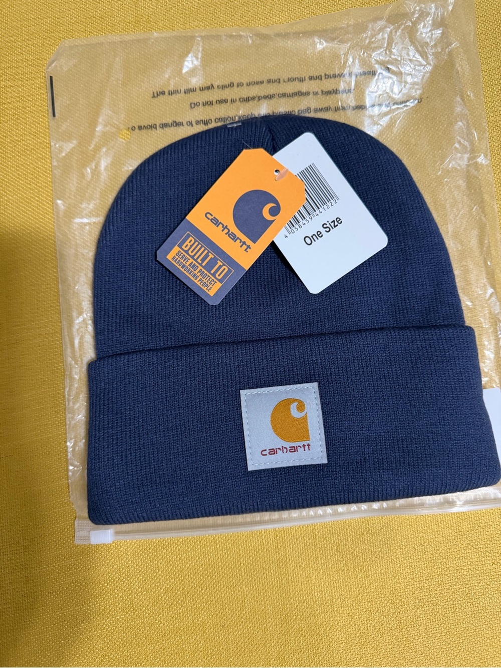 Carhartt Navy Cuffed Beanie with Gold Logo Patch